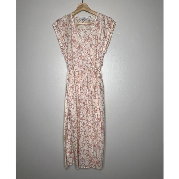 & Other Stories Printed Floral Cap Sleeve Wrap Midi Dress Pink/White Size US 2 - Picture 2 of 10